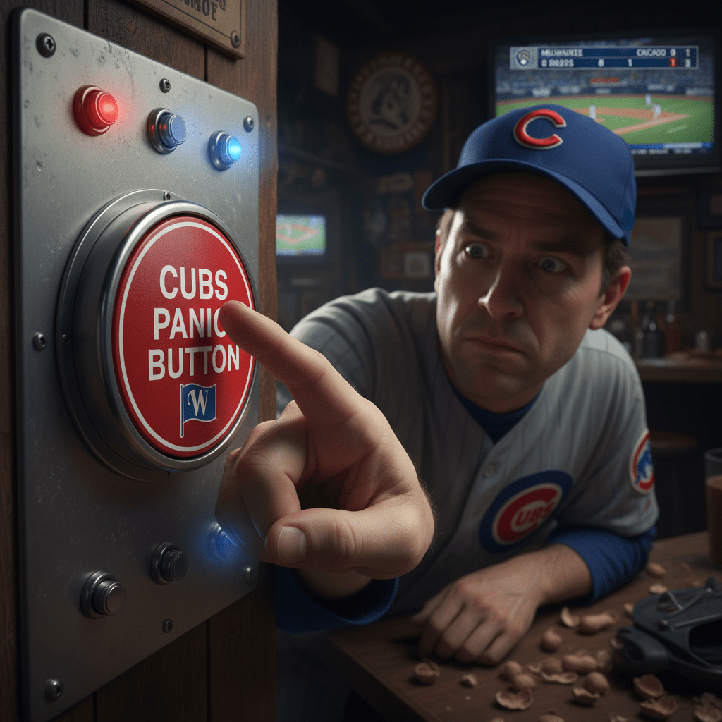 A man in Cubs gear reaching for a button labeled "CUBS PANIC BUTTON".