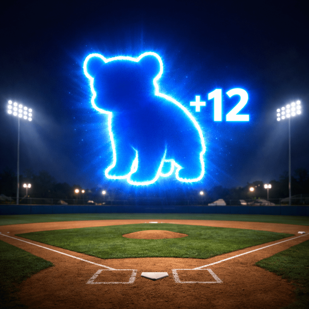 Glowing blue bear icon with +12 score above baseball field at night