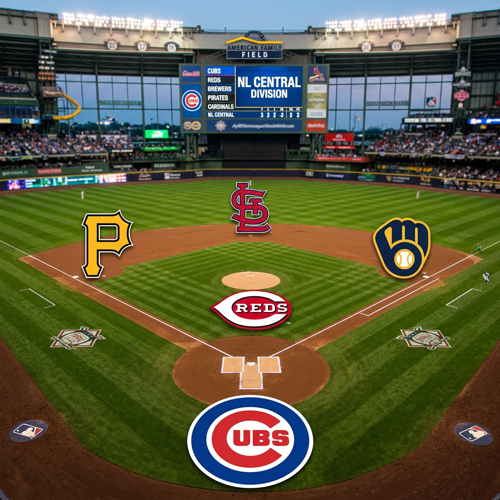 MLB logos for Cubs, Reds, Cardinals, Pirates, and Brewers on a baseball field.