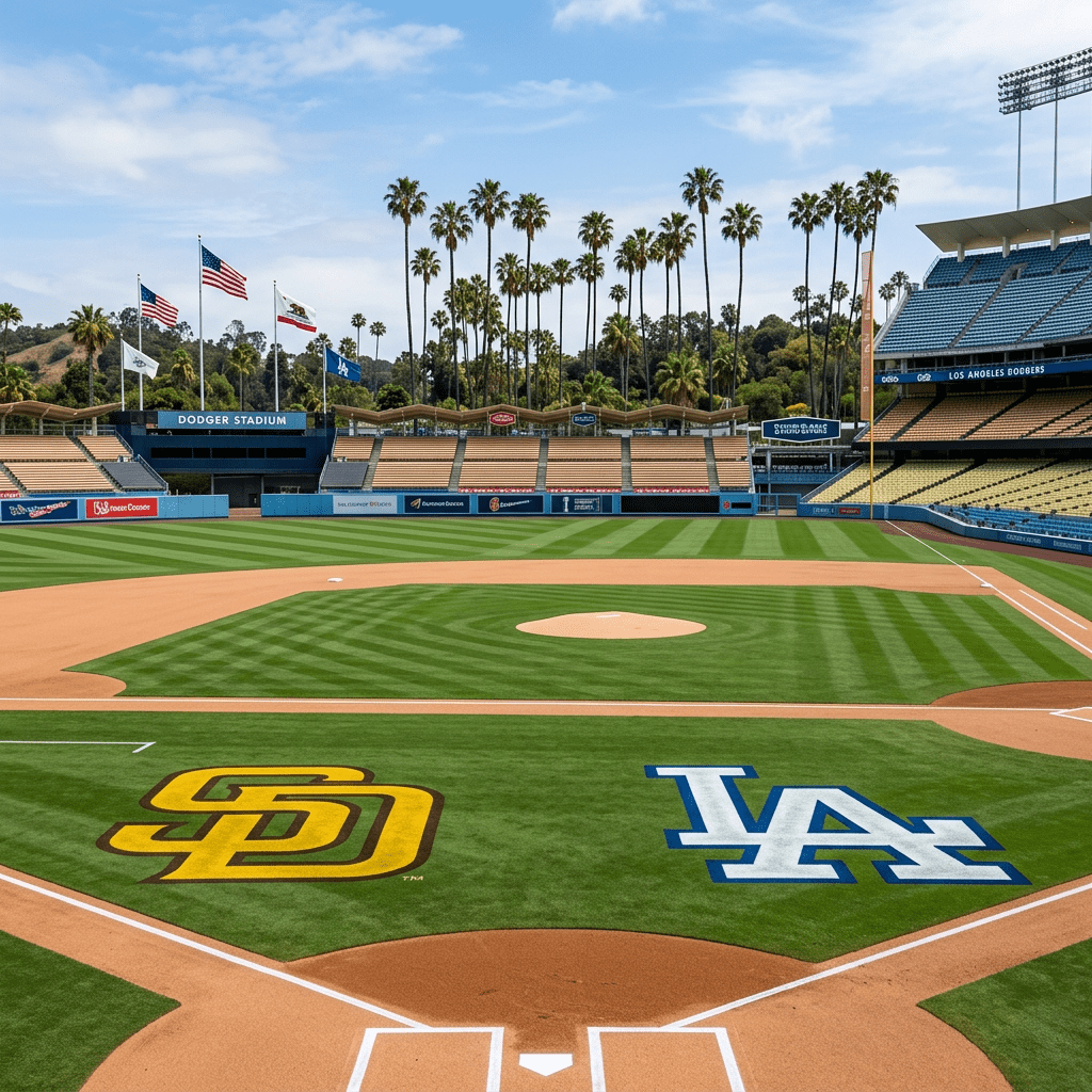 Dodger Stadium baseball field with San Diego Padres and Los Angeles Dodgers logos near home plate