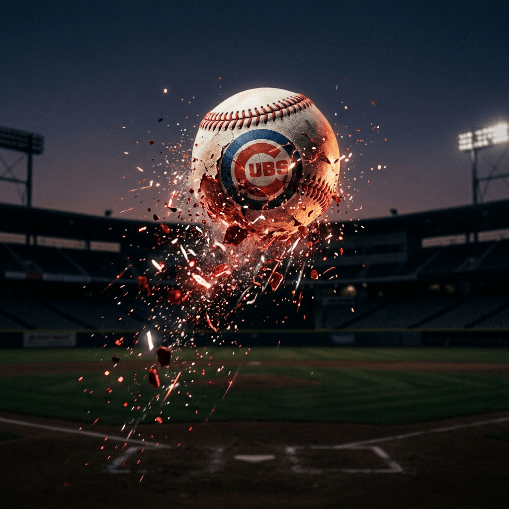 Baseball shattering into glowing fragments mid-air above a baseball field at dusk
