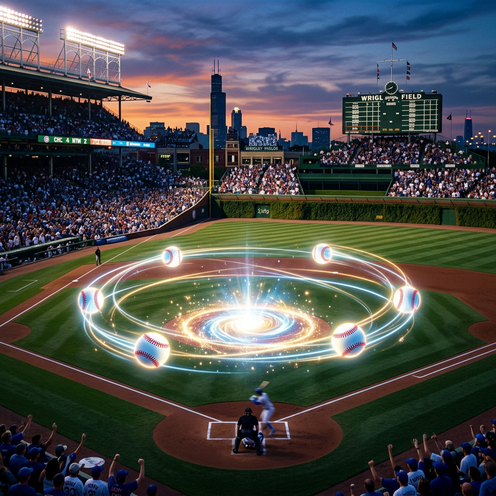 Baseball stadium with glowing orbiting baseballs above home plate at sunset