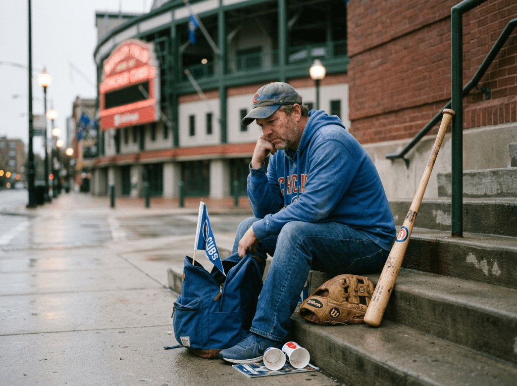 Man in Chicago Cubs hoodie and cap sitting on steps outside stadium looking thoughtful with a baseball bat, glove, and Cubs flag.