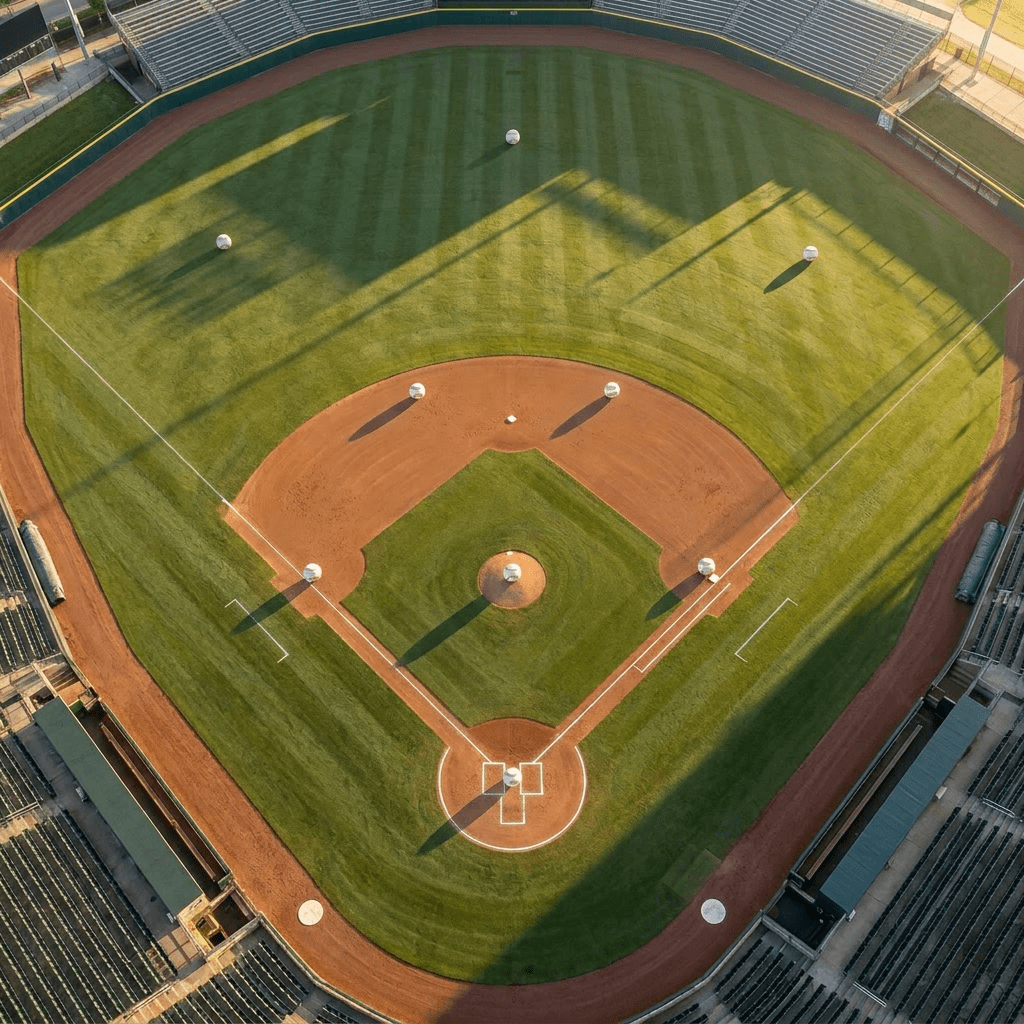 Empty baseball field with bases, pitcher's mound, and outfield grass patterns