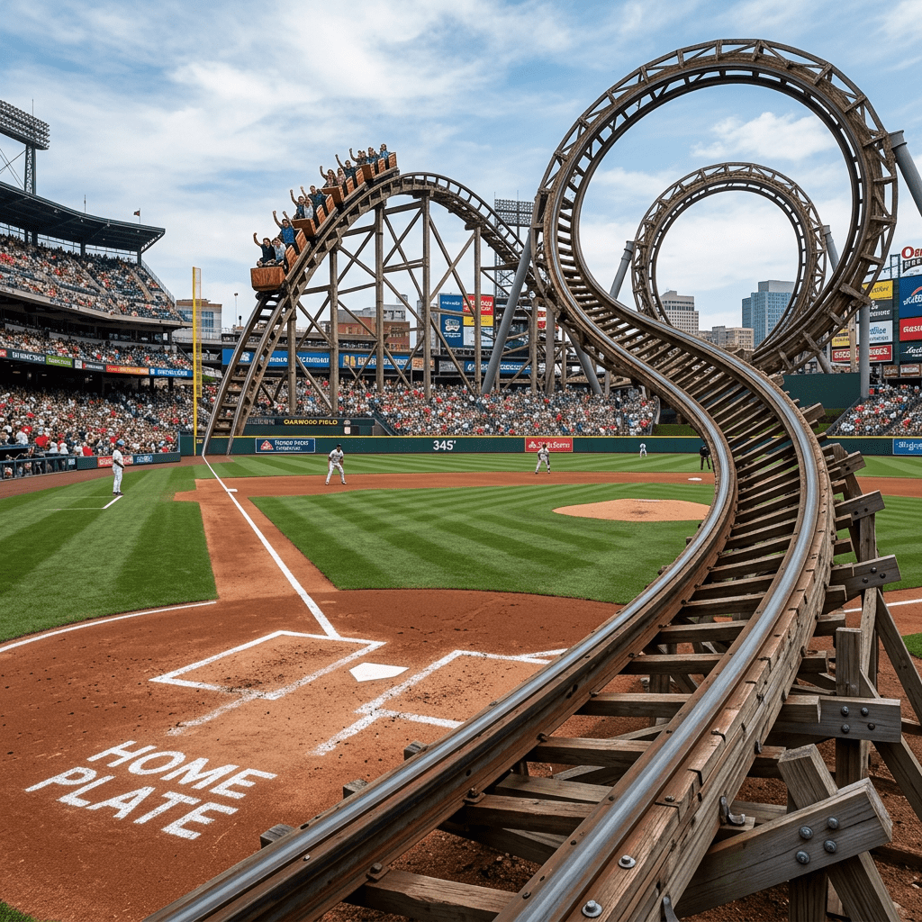 Wooden roller coaster track loops over a baseball field near home plate with players on the field