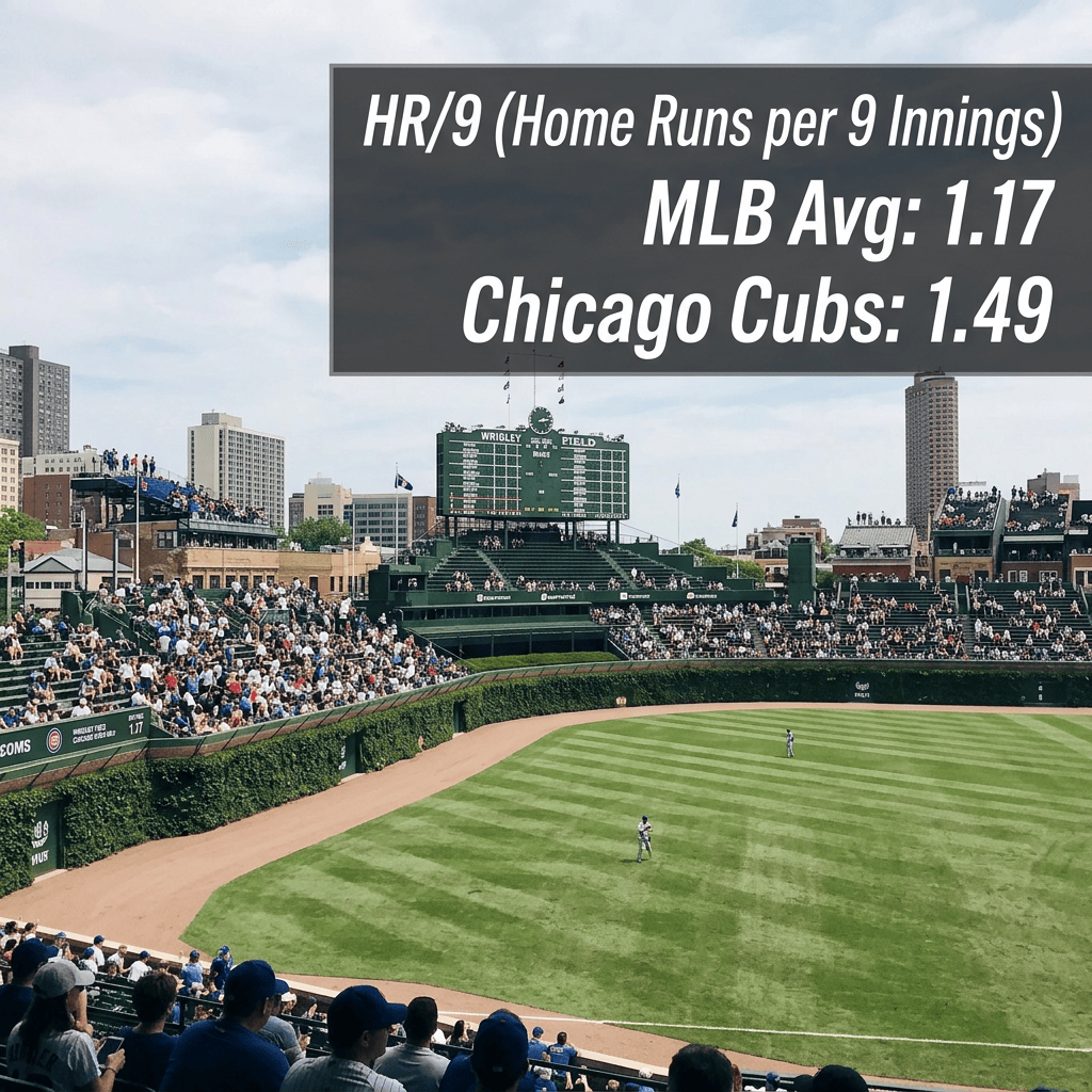 Wrigley Field with text: HR/9 (Home Runs per 9 Innings), MLB Avg: 1.17, Chicago Cubs: 1.49