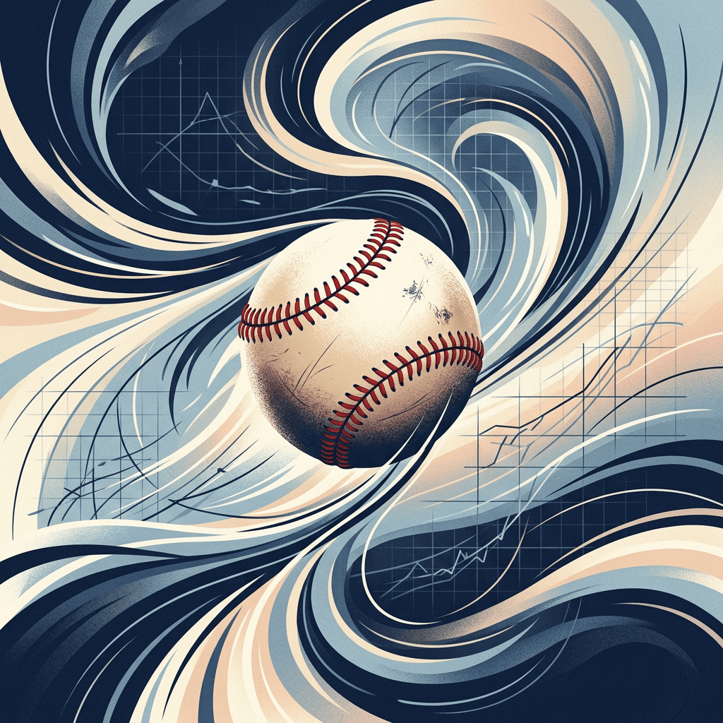Vintage baseball surrounded by swirling lines and statistical charts