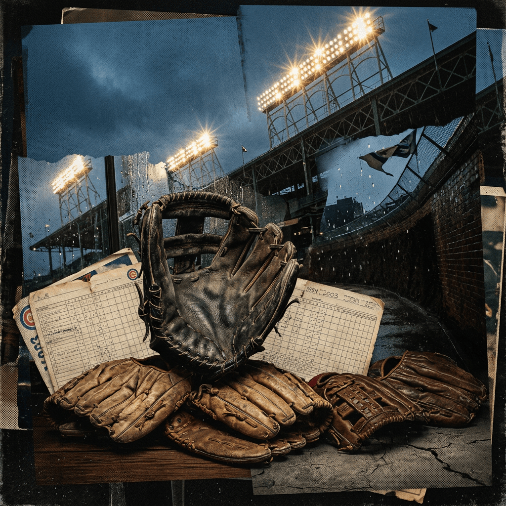 Vintage baseball gloves and scorecards beneath illuminated stadium structures