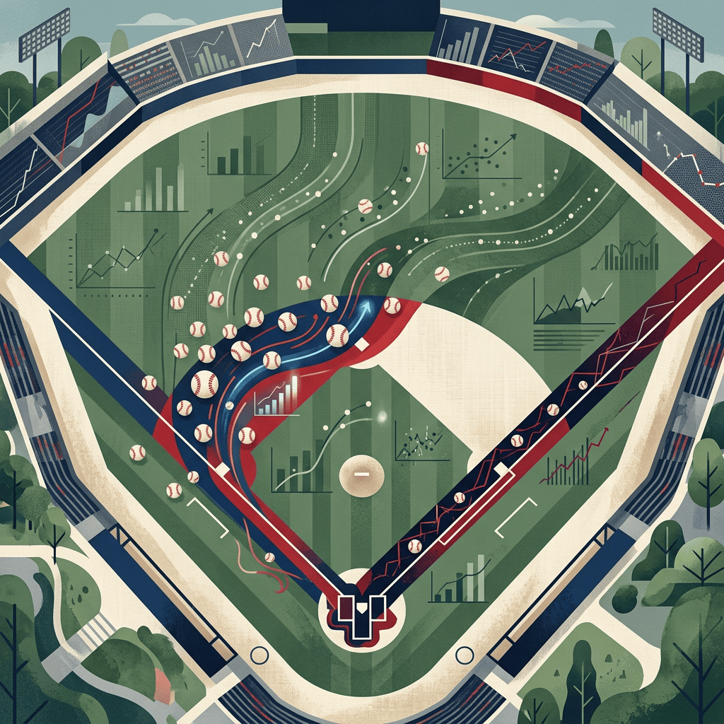 Illustrated baseball diamond with moving balls, trajectories, and statistical charts