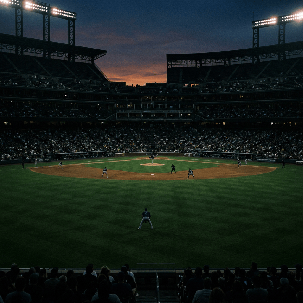 Baseball game underway in a crowded stadium at sunset