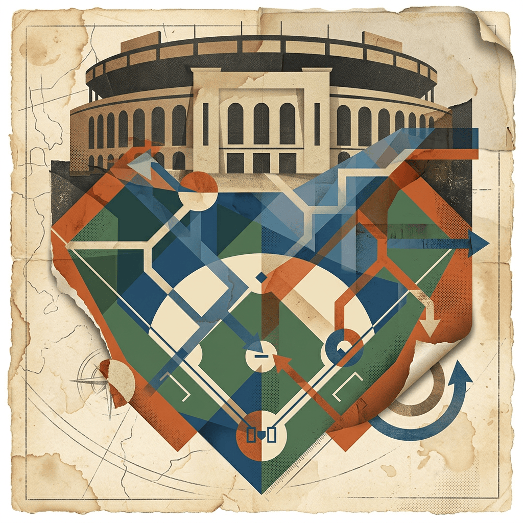 Geometric baseball diamond and strategy arrows beneath a stadium on aged paper