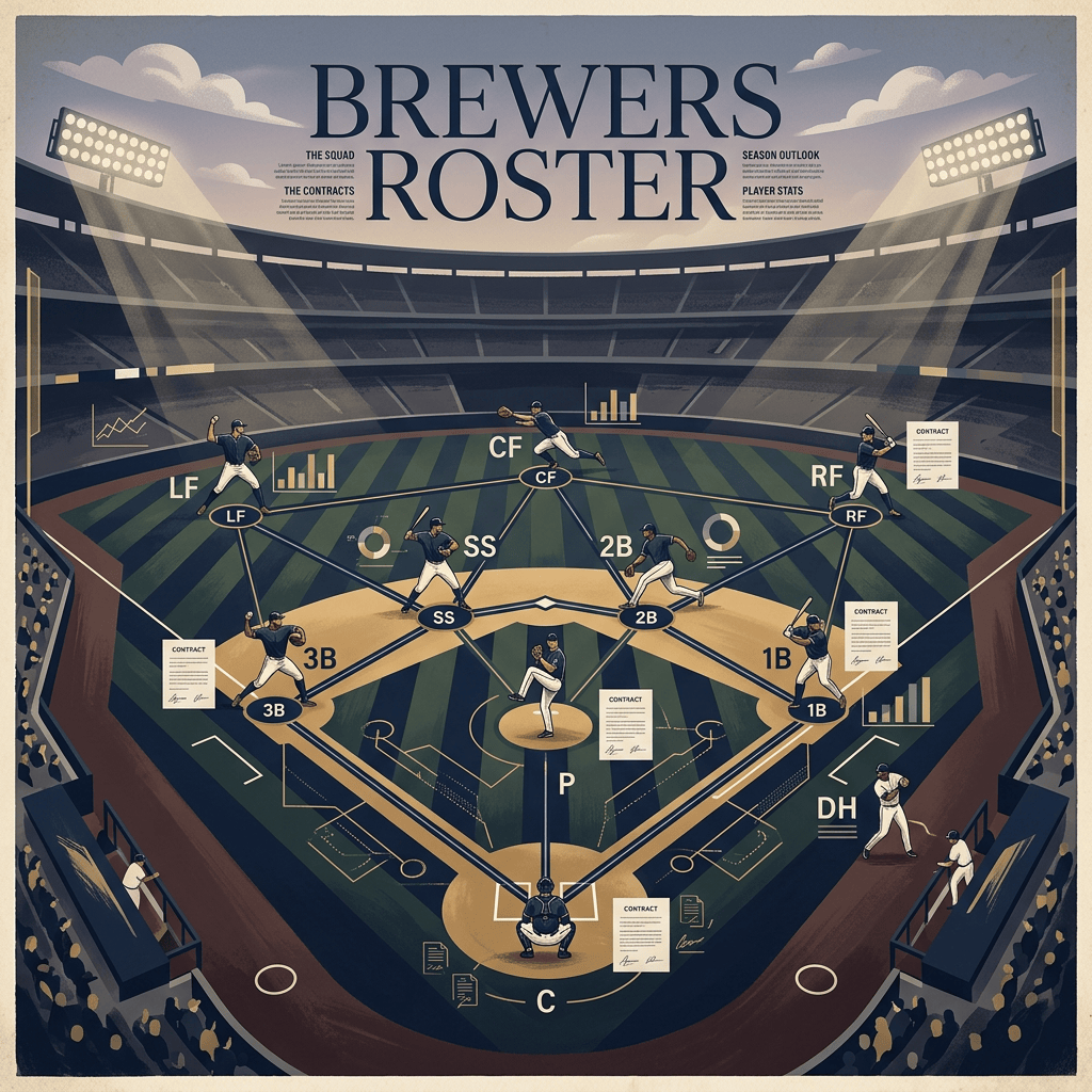 “BREWERS ROSTER” graphic showing players at LF, CF, RF, SS, 2B, 3B, 1B, P, C, and DH