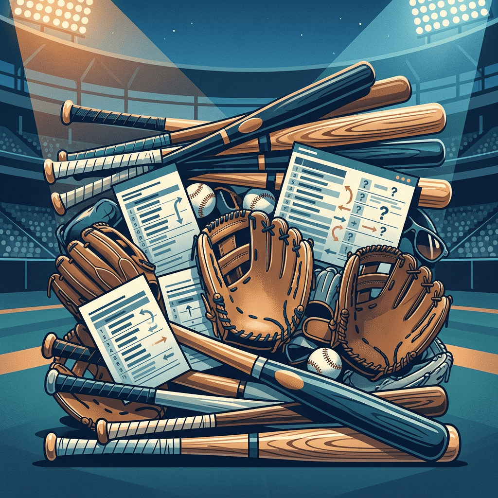 Baseball bats, gloves, balls, and strategy cards arranged in a stadium