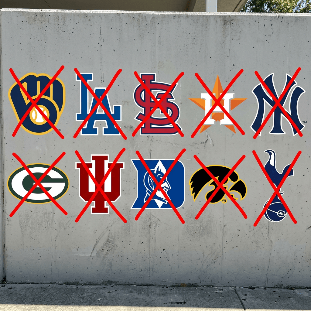Ten professional and collegiate sports logos crossed out with red X marks